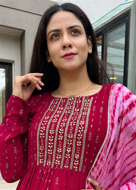 3 Pc Maroon Readymade Georgette Suit Set