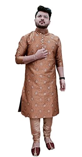 Buy Larwa Men New Look Gold Plant Jacquard Kurta & Churidar Set With 6 ...