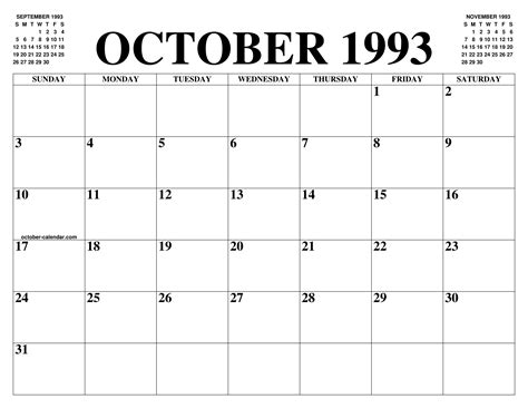 1993 Calendar (PDF, Word, Excel)