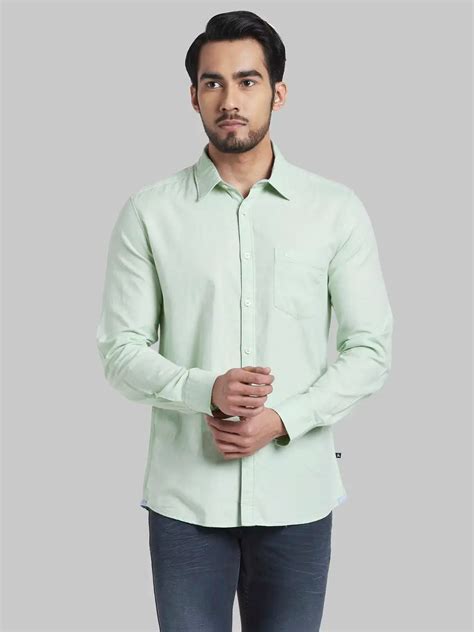 Men Green Slim Fit Weft Chambray Cotton Blend Full Sleeve Shirts ...