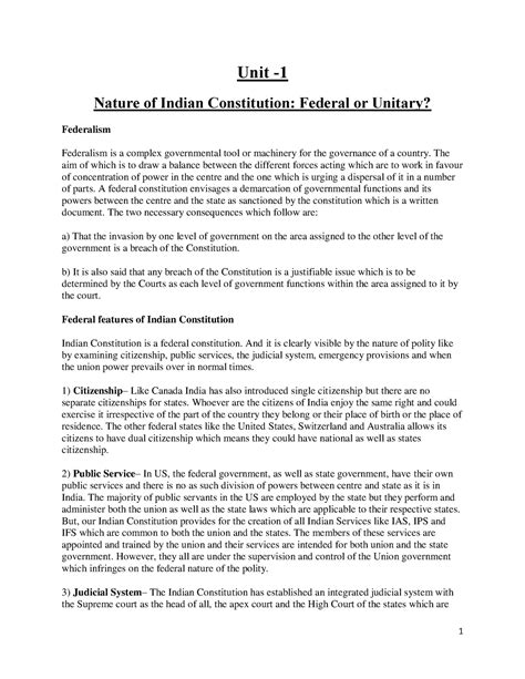 UNIT -I - unit 1 full summary - Unit - Nature of Indian Constitution ...