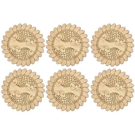 Round Shaped MDF Engraved Madhubani Mithila Design Coaster Set of 6 ...