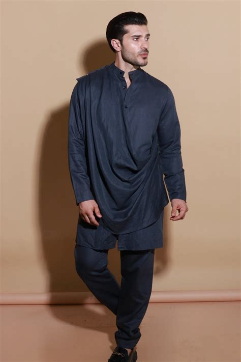 Grey short drape kurta shirt with narrow pants. – ECHKE