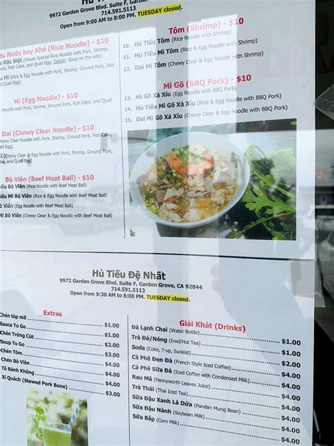 Menu at Hu Tieu De Nhat restaurant, Garden Grove