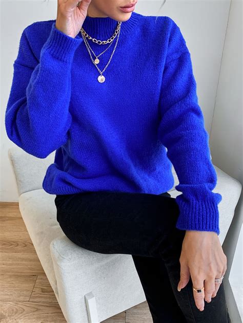Mock Neck Solid Drop Shoulder Sweater | Royal blue sweater, Blue ...