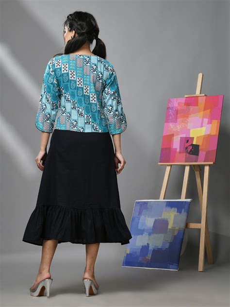 Black Cotton Ruffled Dress With Printed Jacket – Charukriti