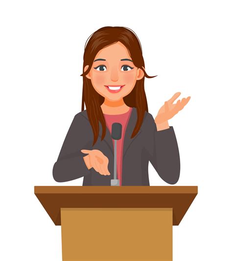 Young woman speaker giving speech standing at podium in a conference ...
