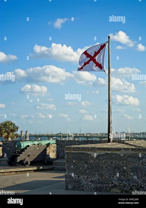 Spanish colonial Cross of Burgundy flag flown over bastion walls of ...