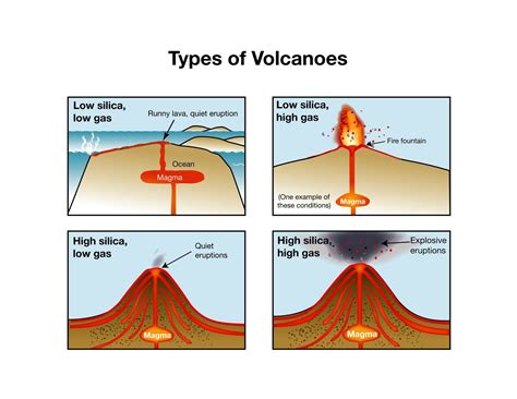This is a picture showing different types of volcanoes and their eruptions. The shape and ...