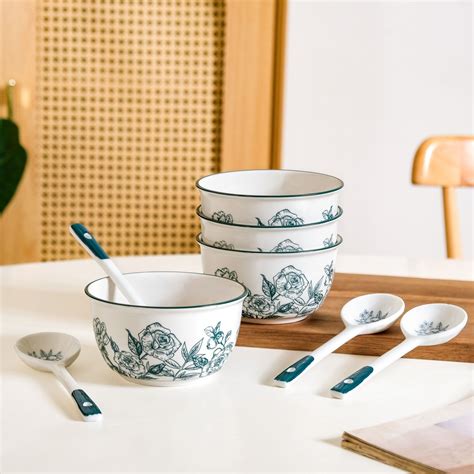 Ceramic Rose Bowl With Spoon Set Of 4 Green White 400ml Online ...