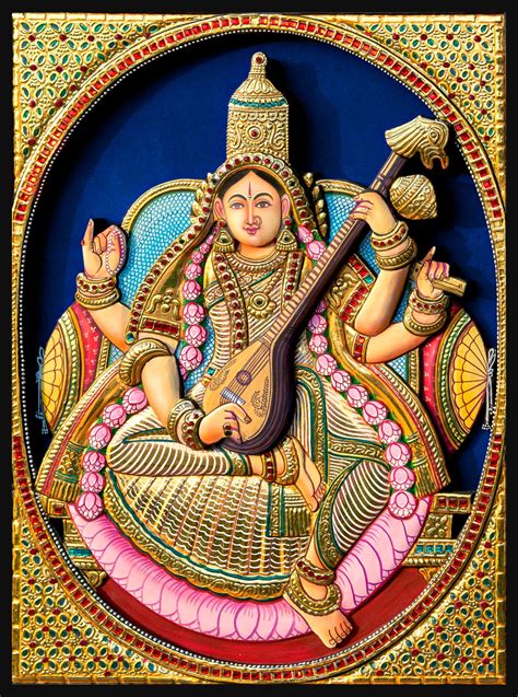 Maa Saraswati Tanjore Art, 3D Effect, Tanjore Wall Art, Tanjore Hindu ...