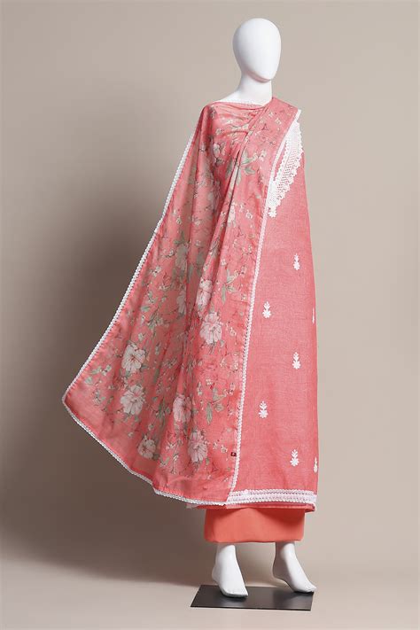 Buy Salmon Pink Linen Digital Print Unstitched Suit Set Online at Biba ...