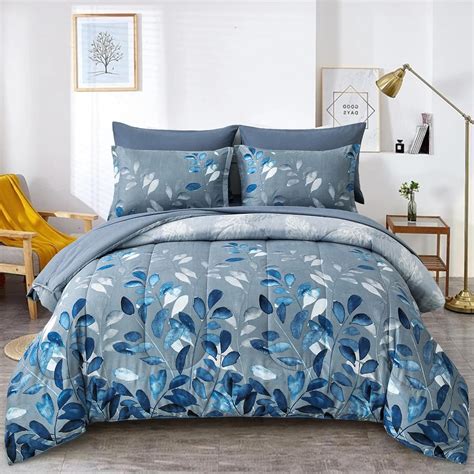 Blue Floral Comforter Set Queen Size 7 Piece Navy Botanical Gradient ...