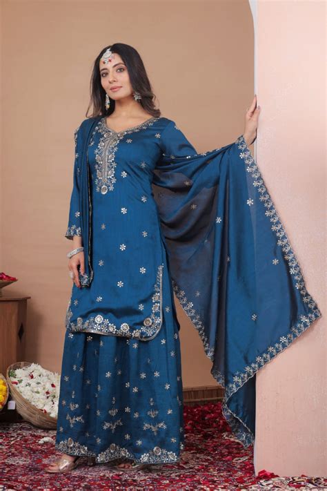 Elegant Blue Color Sequence Embroidered Sharara Suit – Vastra Shop
