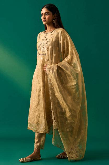 Golden Metallic Emroidered Tissue Jacquard Festive Anarkali Kurta, Pan