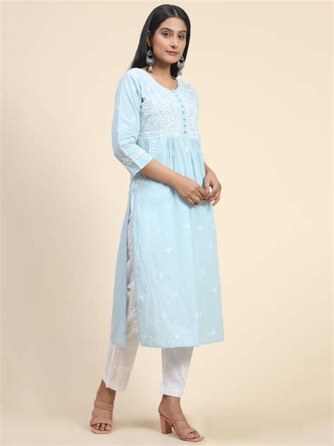 Chikankari Hand embroidery Round neck Dress with Pocket- Sky Blue ...