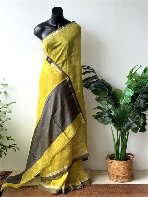 Yellow Grey pure silk linen saree – VIKA Boutique