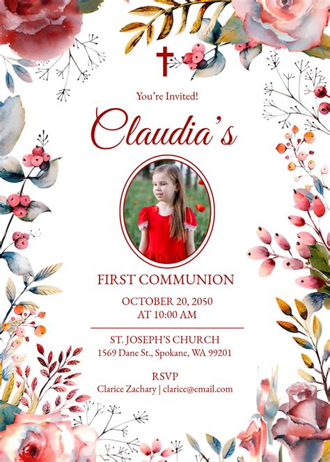Free Floral First Communion Invitation Template to Edit Online