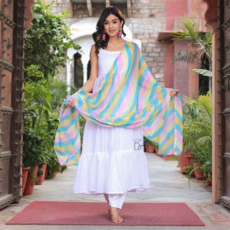 Pure White Georgette Anarkali With Leheriya Dupatta – Byutify.in