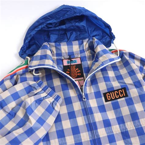 未使用品 22SS GUCCI/グッチ パイナップル 669141 チェック/サイドライン/GG柄 ワッペン ナイロン ブルゾンジャケット 青 ...