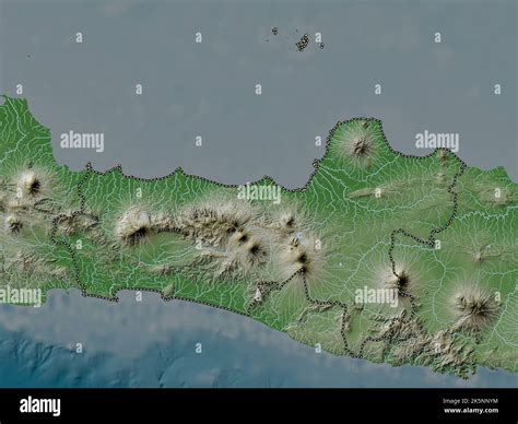 Jawa Tengah, city of Indonesia. Elevation map colored in wiki style with lakes and rivers Stock ...
