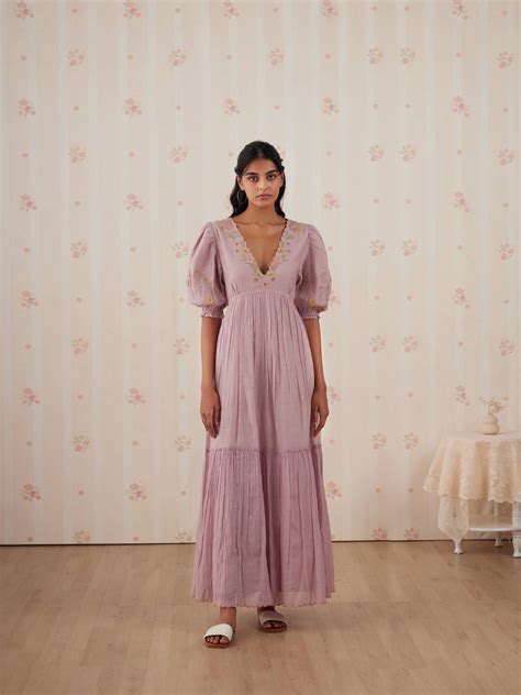 Lilac Marble Floral Embroidery Maxi Dress | Buna Studio