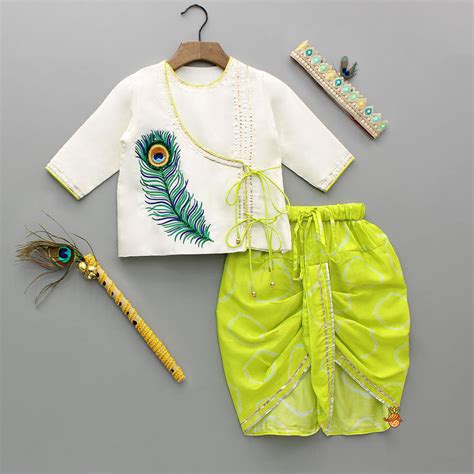 Pre Order: Mor Pankh Embroidered Off White Kurta And Green Dhoti With