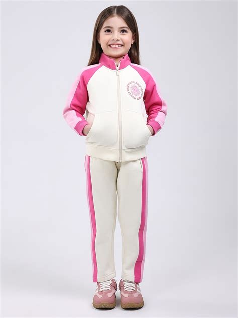 Buy Girls Cream Printed Mock Neck Full Sleeve Tracksuit Online in India ...