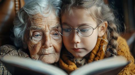 Caucasian elderly senior paternal grandmother and granddaughter is ...