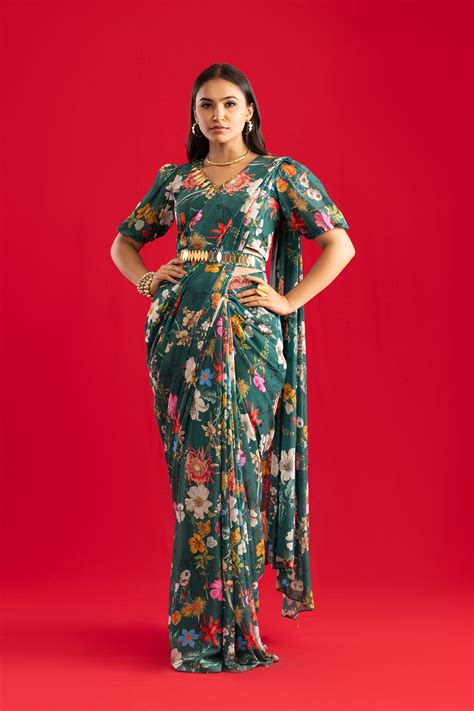 Pre Stitched Ready to Wear Green Saree – DIRA by Diksha