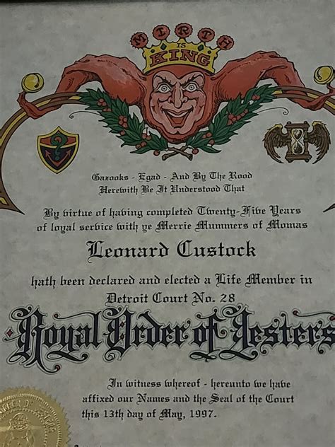 Royal Order of Jesters Certificate Framed Detroit Court No. 28 Lifetime ...