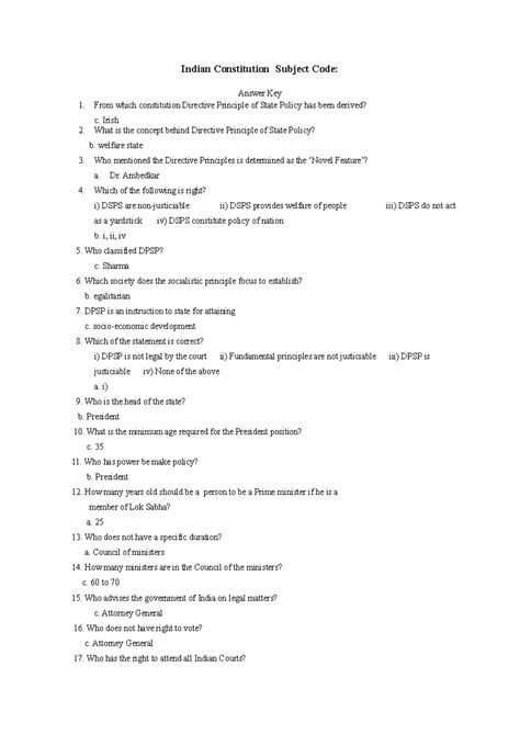 Indian Constitution with Answer key - Indian Constitution Subject Code ...