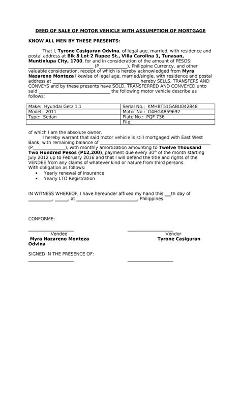 Pdfcoffee - 2001 - DEED OF SALE OF MOTOR VEHICLE WITH ASSUMPTION OF ...