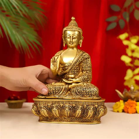 10" Brass Lord Buddha Idol Sitting On Lotus Base – Ethnic India Handicrafts