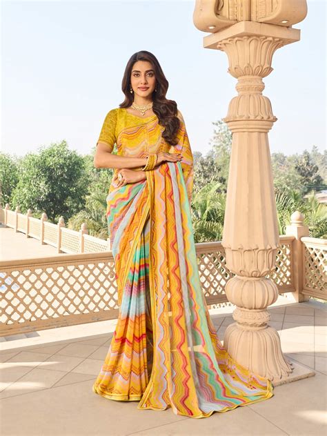 Laxmipati Nakhrali Yellow Georgette Chevron Printed Saree