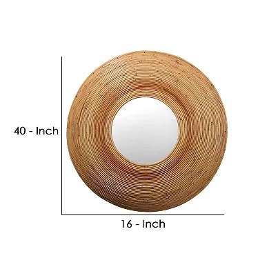 Mirror with Round Woven Rattan Coil Frame, Brown and Silver