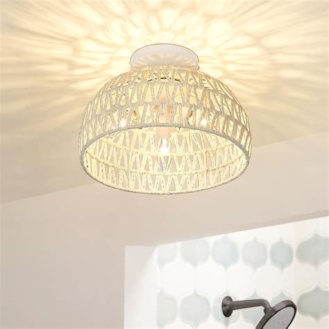 Ken & Ricky White Rattan Flush Mount Light Fixture, 3-Light Woven Semi ...