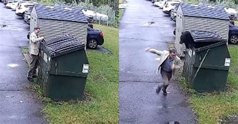 Caught on CCTV: School principal unlocks garbage bin to find bear emerging