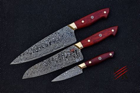 Damascus Steel Kitchen Knives Set of 3 Custom Handmade Chef | Etsy