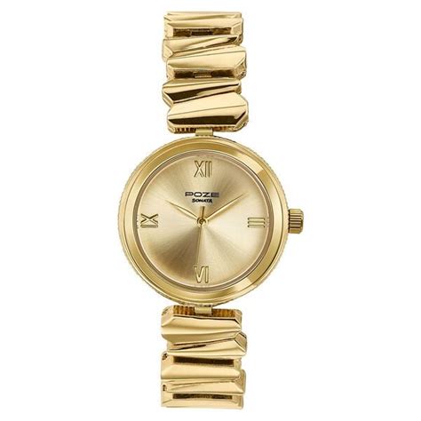 Buy Online Poze By Sonata Quartz Analog Golden Dial Golden Metal Strap ...