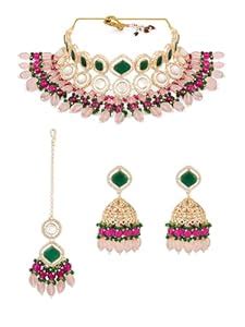 ZAVERI PEARLS Pink Green Stones Beads Austrian Diamonds Choker Necklace ...