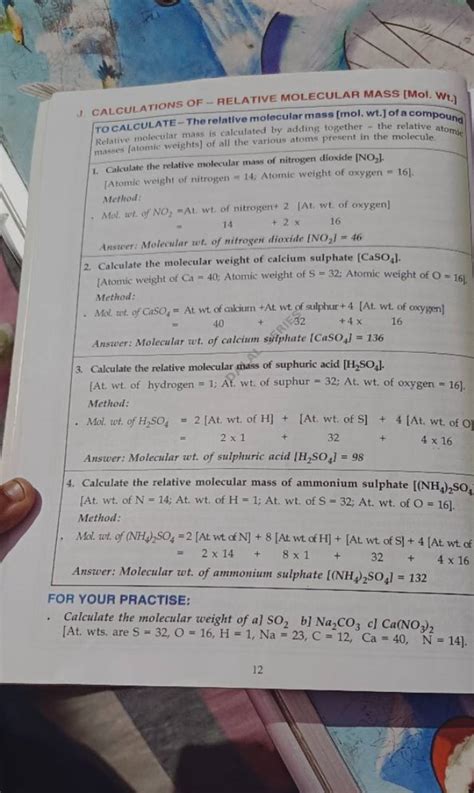 J. CALCULATIONS OF-RELATIVE MOLECULAR MASS [MOI. Wt. TOCALCULATE - The re..