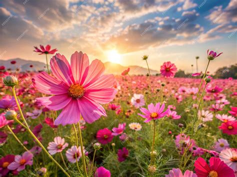 Landscape nature background of beautiful pink and red cosmos flower ...