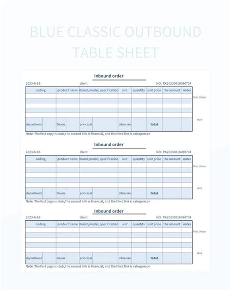 Blue Classic Outbound Table Sheet Excel Template And Google Sheets File ...