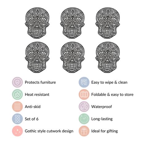 Sugar Skull Design Table Mat Set Of 6 Black Online - Premium Table Mat ...