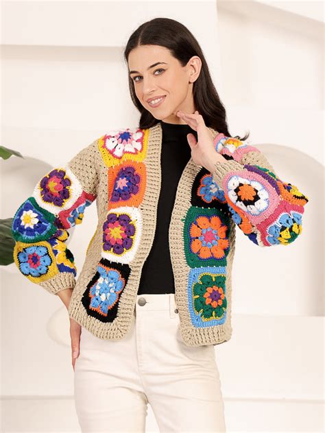 Velvery Crochet Front Open Granny Square Sweater - Beige