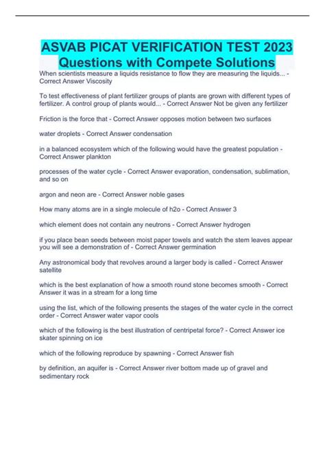 ASVAB PICAT VERIFICATION TEST 2023 Questions with Compete Solutions ...