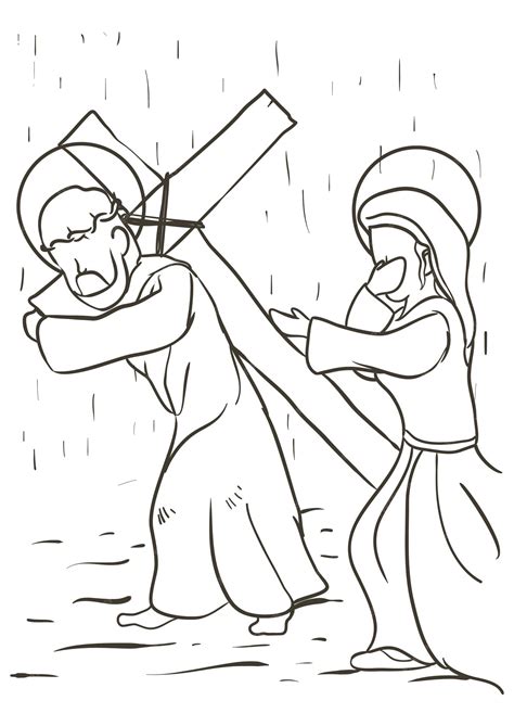 Premium Vector | Via crucis drawing depicting when jesus meets his mother