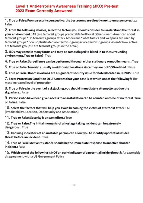 Level 1 Anti-terrorism Awareness Training (JKO) Pre-test 2023 Exam ...