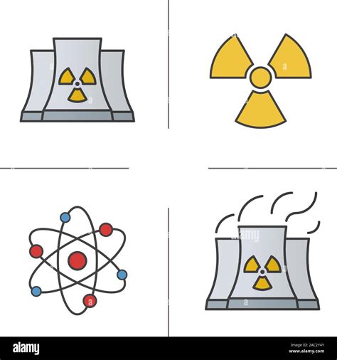 Atomic energy color icons set. Nuclear power plant with smoke ...